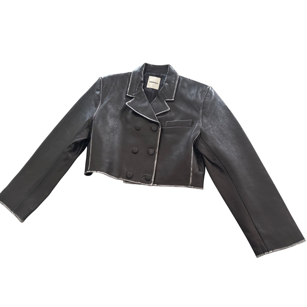 Sandro Noir Black distressed Cropped Double Breasted Leather Jacket Size 42 NEW